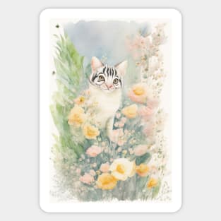 Black and White Cat in the Flower Garden Sticker